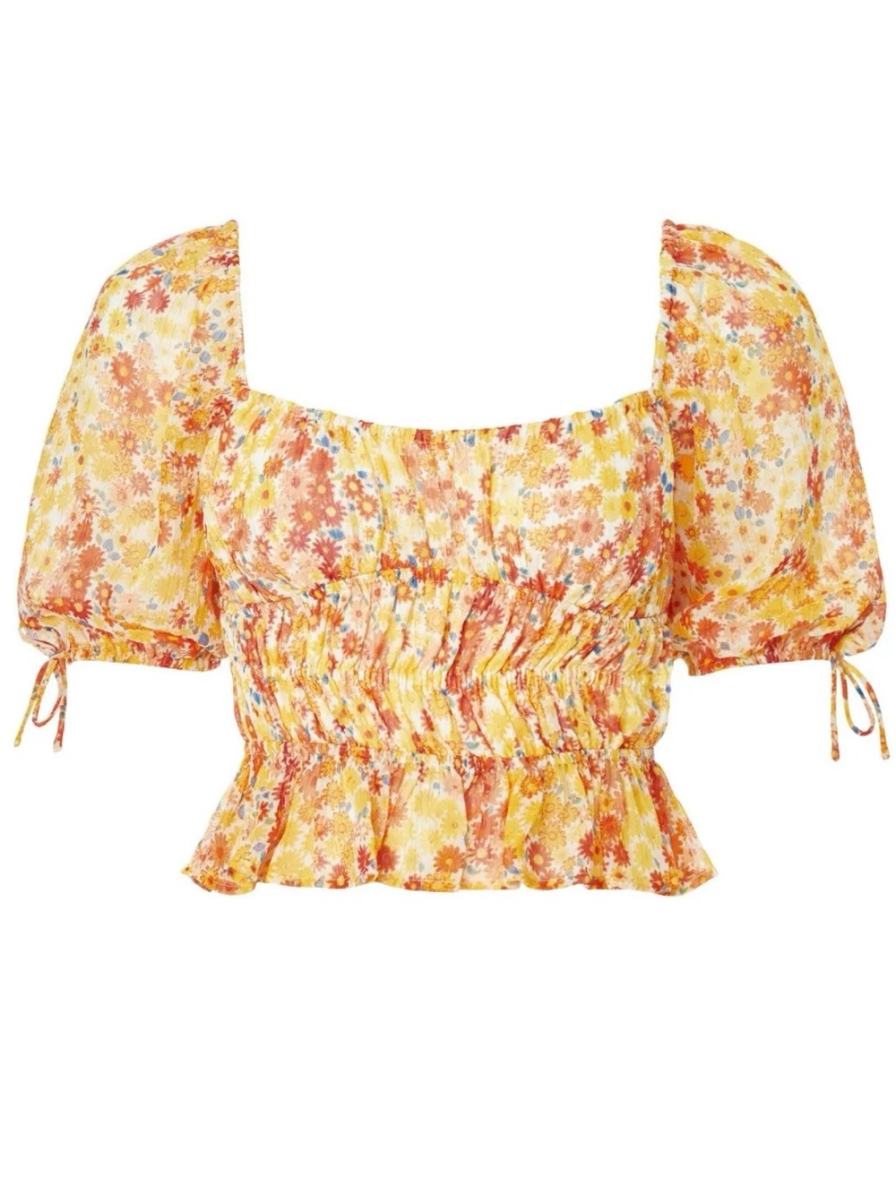 STAUD Floral Smocked Peplum Crop Top M L XL 12 14 16 Yellow Orange
